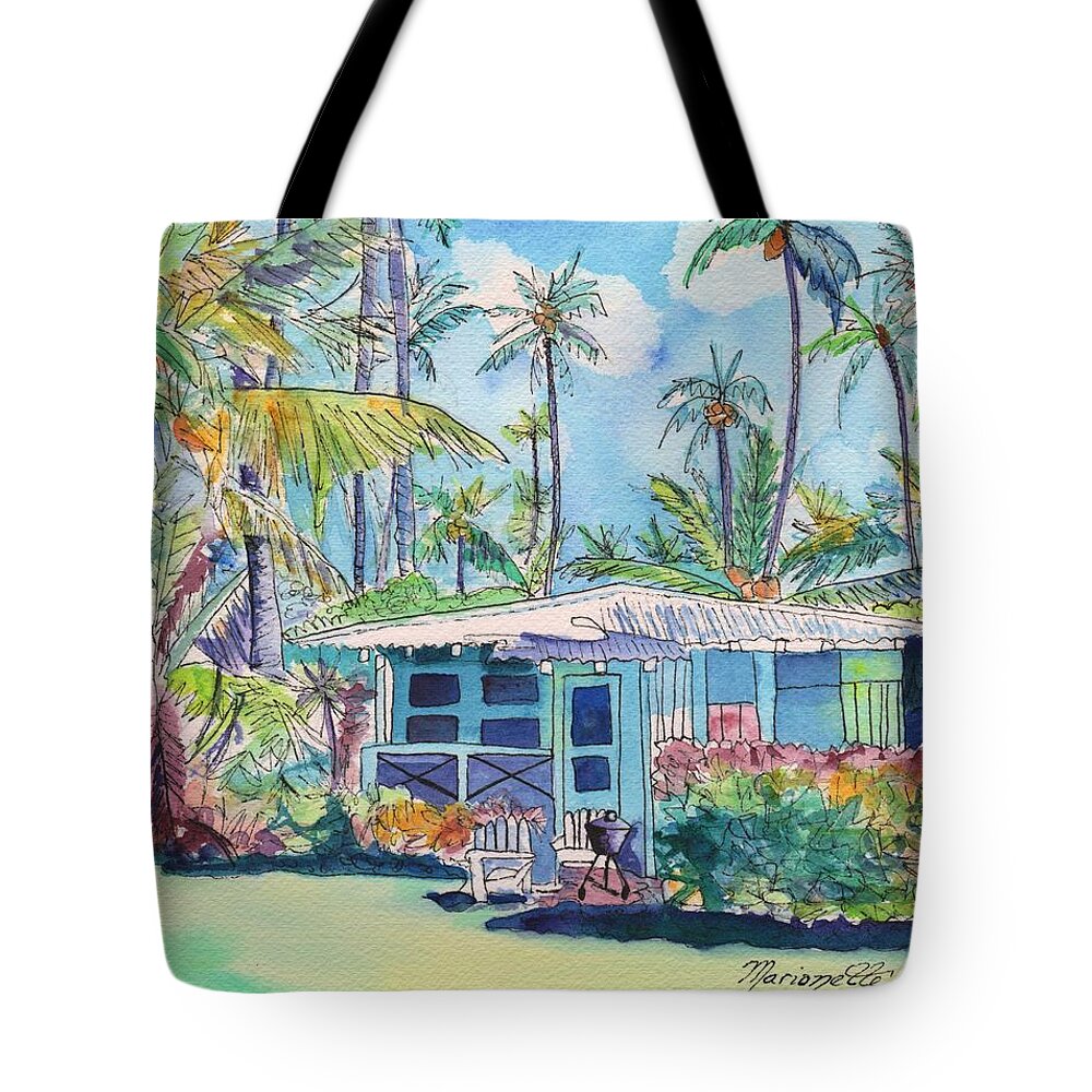 Plantation Cottage Tote Bag featuring the painting Kauai Blue Cottage 2 by Marionette Taboniar