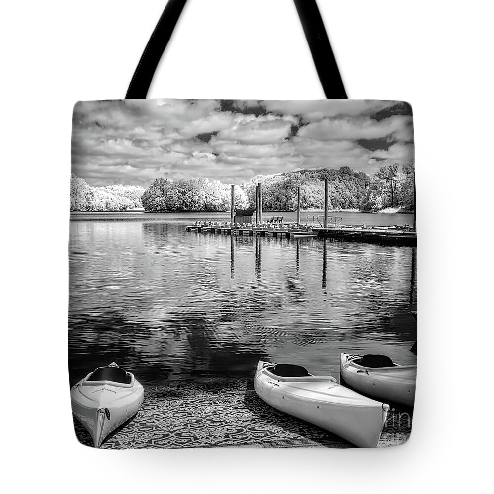 Needwood Tote Bag featuring the photograph Kayaks awaiting - IR mono by Izet Kapetanovic