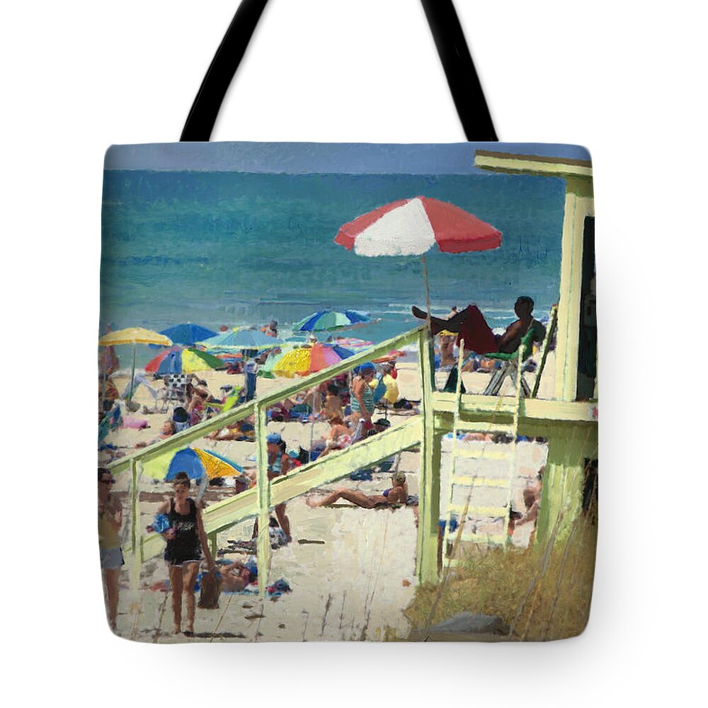 Beach Tote Bag featuring the painting Keep Back 15 FT by Thomas Tribby