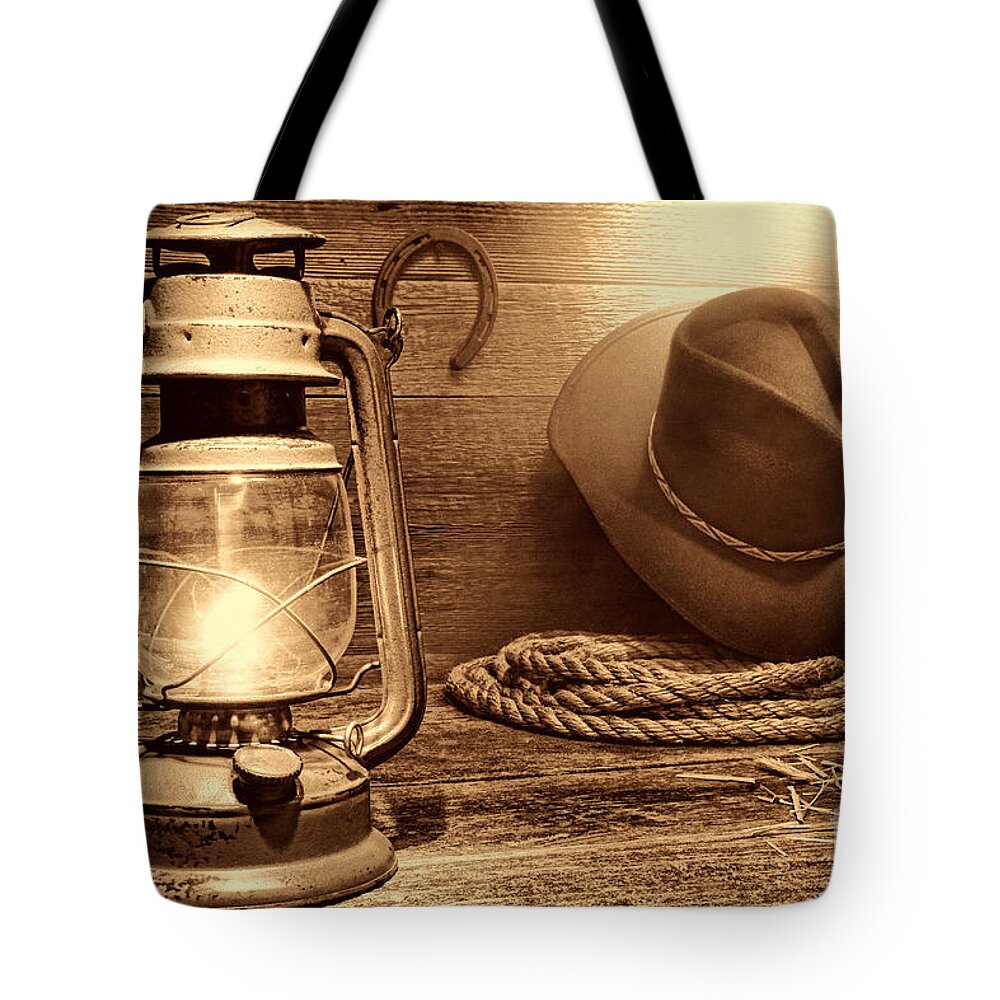 Western Tote Bag featuring the photograph Kerosene Lantern by American West Legend By Olivier Le Queinec