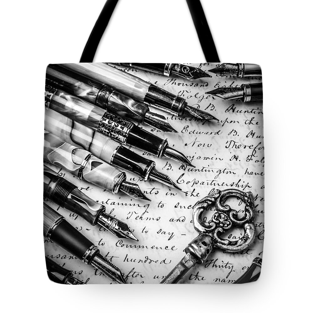 Fountain Tote Bag featuring the photograph Key And Fountain Pens by Garry Gay