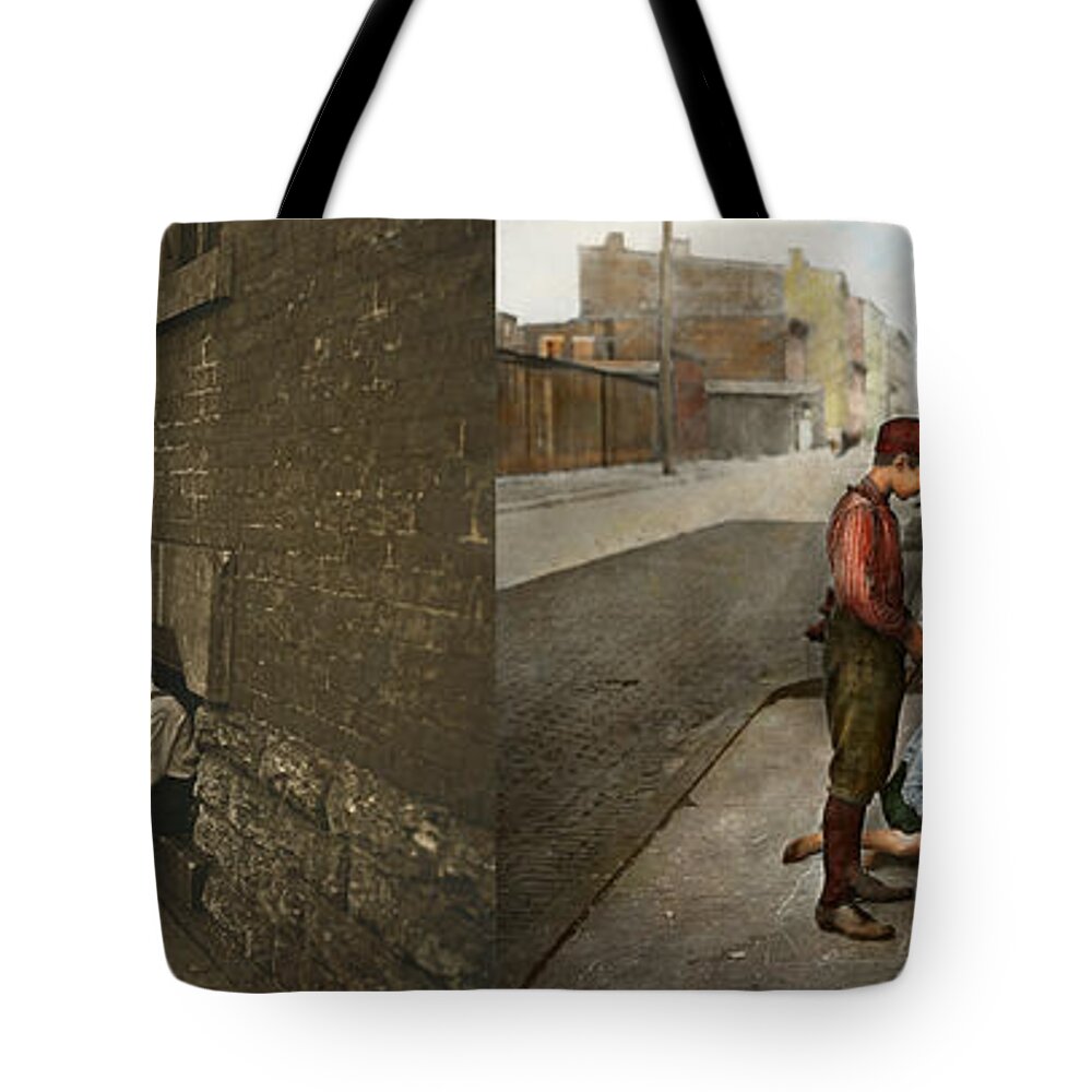 Gang Tote Bag featuring the photograph Kids - Cincinnati OH - A shady game 1908 - Side by Side by Mike Savad