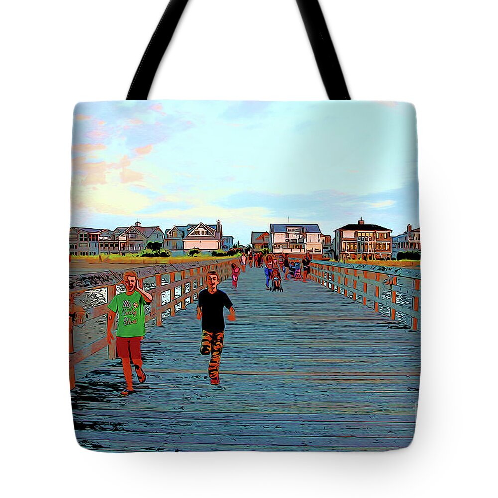 Kids Running On Fishing Pier 7 Tote Bag by Chris Taggart - Pixels