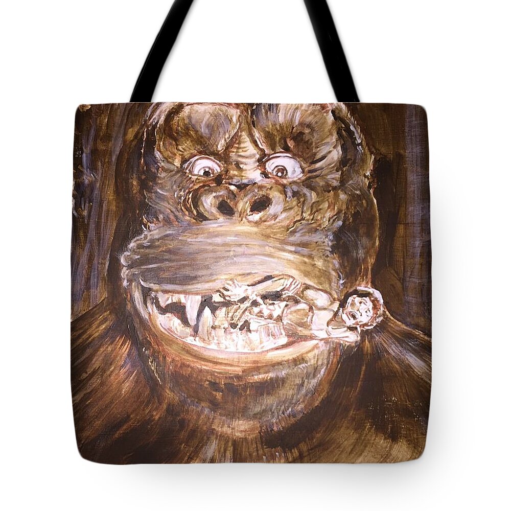 King Kong 1933 Bruce Cabot Robert Armstrong Fay Wray Creature Features Rko Radio Pictures Silver Screen Tote Bag featuring the painting King Kong - Deleted Scene - Kong With Native by Jonathan Morrill