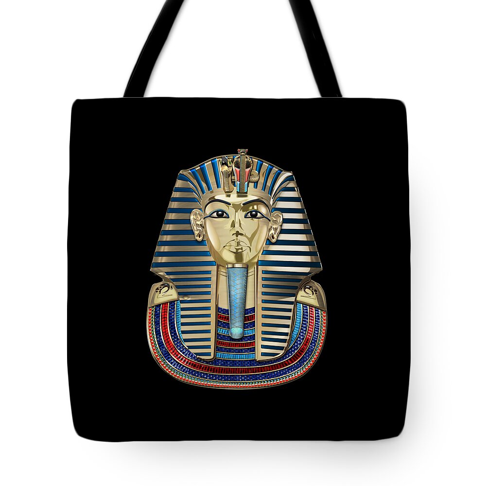 ‘treasures Of Egypt’ Collection By Serge Averbukh Tote Bag featuring the digital art King Tut -Tutankhamun's Gold Death Mask over Black Velvet by Serge Averbukh