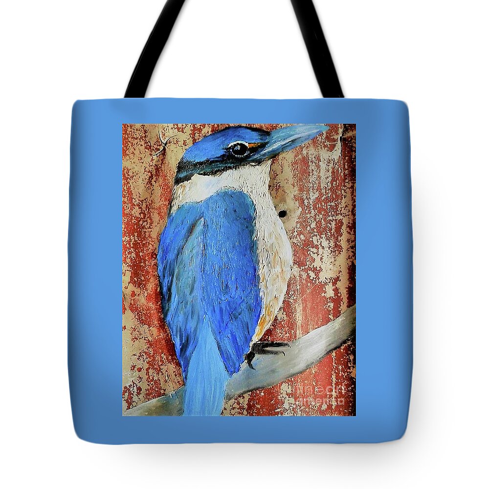 Rusty Tin Tote Bag featuring the mixed media Kingfisher And Rust by Tracey Lee Cassin
