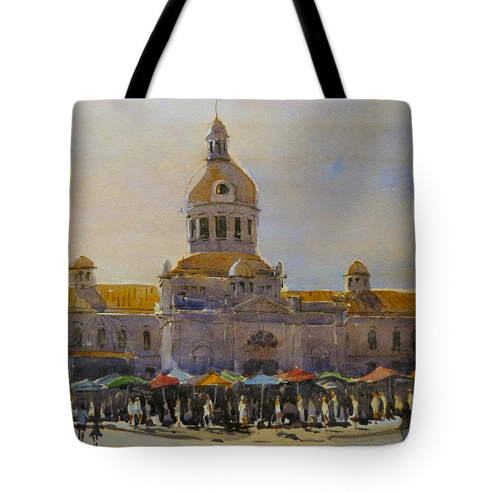 Canada Tote Bag featuring the painting Kingston-City Hall Market Morning by David Gilmore
