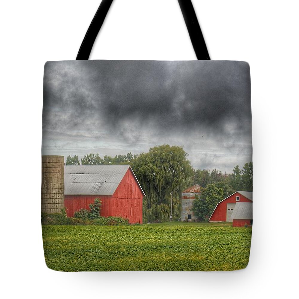 Barn Tote Bag featuring the photograph 0022 - Kingston Road Red Trio I by Sheryl L Sutter