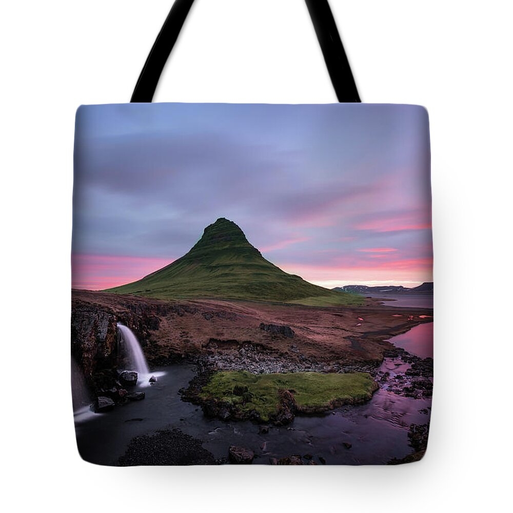 Mountains Tote Bag featuring the photograph Kirkjufellsfoss Waterfalls Iceland portrait version by Larry Marshall