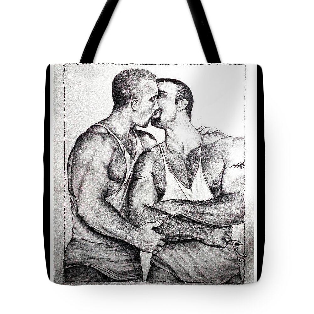 Couple Tote Bag featuring the drawing Kiss by Mike Gonzalez