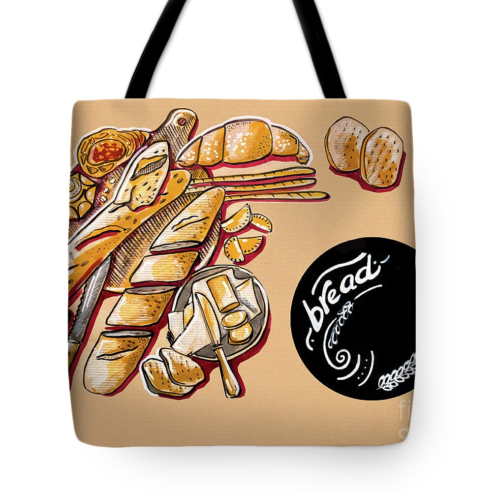 Food Tote Bag featuring the drawing Kitchen Illustration Of Menu Of Bread Products by Ariadna De Raadt