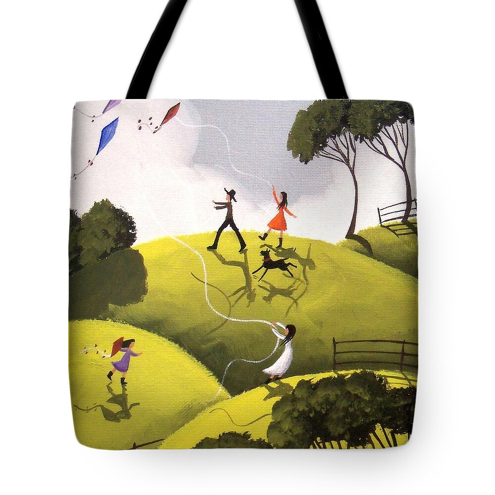 Art Tote Bag featuring the painting Kite Bonanza - folk art landscape by Debbie Criswell