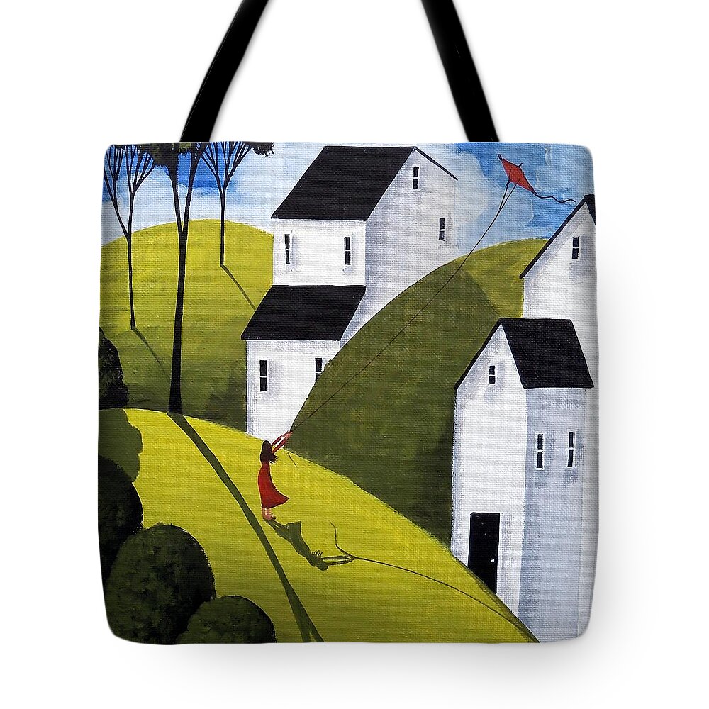 Art Tote Bag featuring the painting Kite Day - folk art landscape by Debbie Criswell