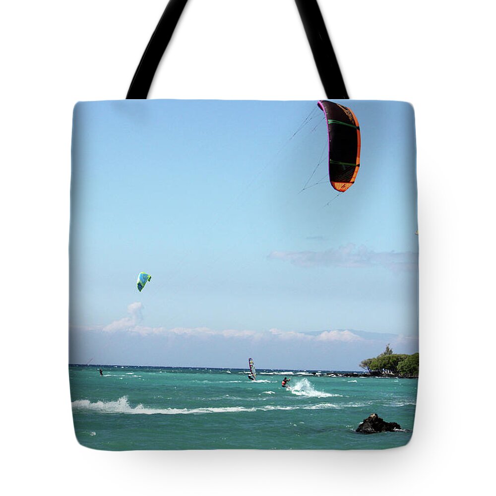 kite Surfers Tote Bag featuring the photograph Kite Surfers and Maui by Karen Nicholson