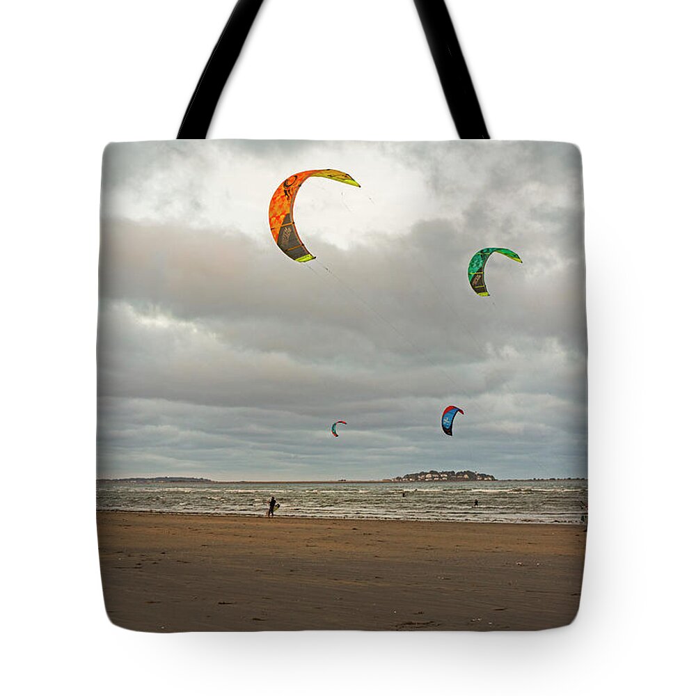 Revere Tote Bag featuring the photograph Kitesurfing on Revere Beach by Toby McGuire