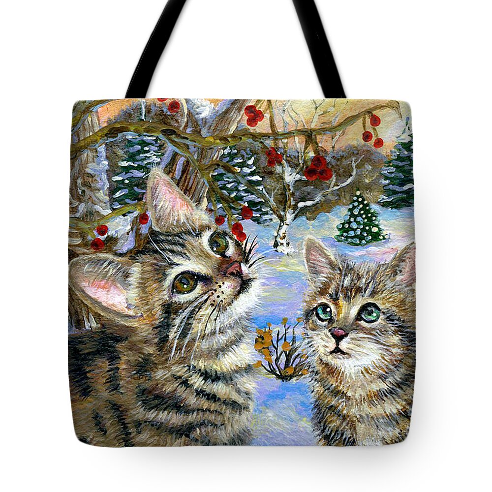 Cat Tote Bag featuring the painting Kitten's Winter Fun by Jacquelin L Vanderwood Westerman