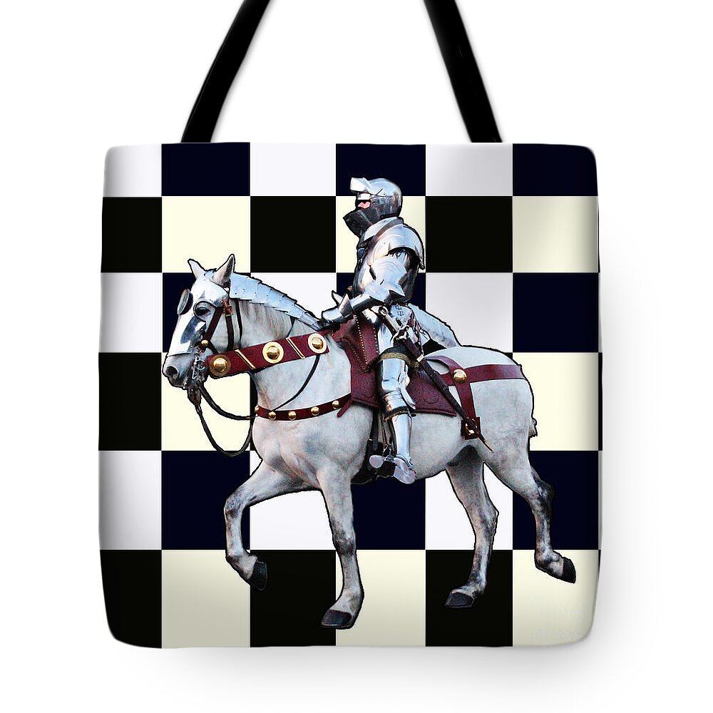 Knight Tote Bag featuring the photograph Knight on white horse with Chess board by Tom Conway