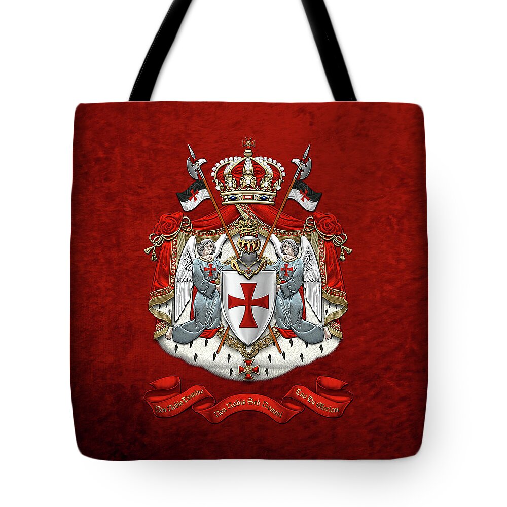 'ancient Brotherhoods' Collection By Serge Averbukh Tote Bag featuring the digital art Knights Templar - Coat of Arms over Red Velvet by Serge Averbukh