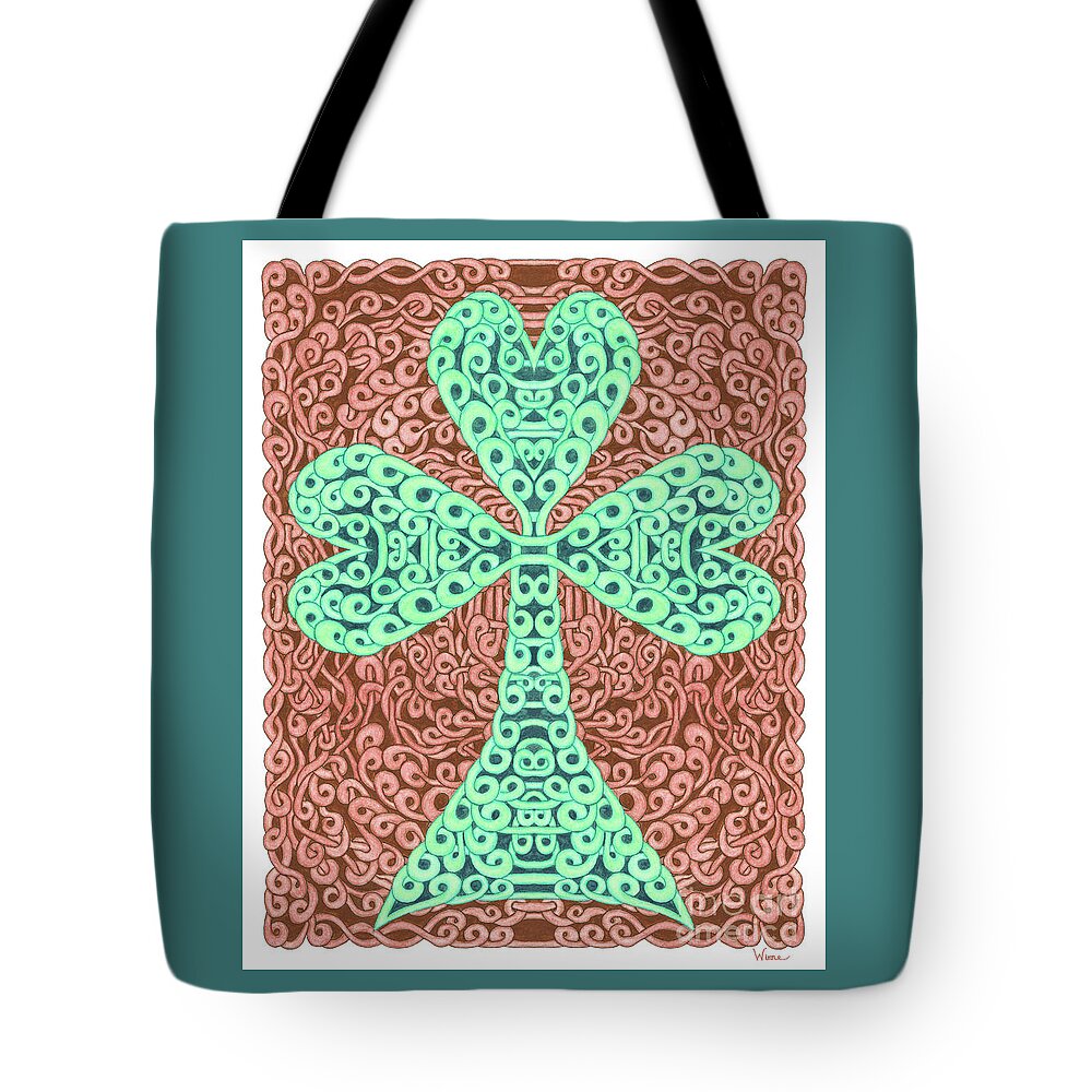 Lise Winne Tote Bag featuring the drawing Knotted Shamrock with brown background by Lise Winne