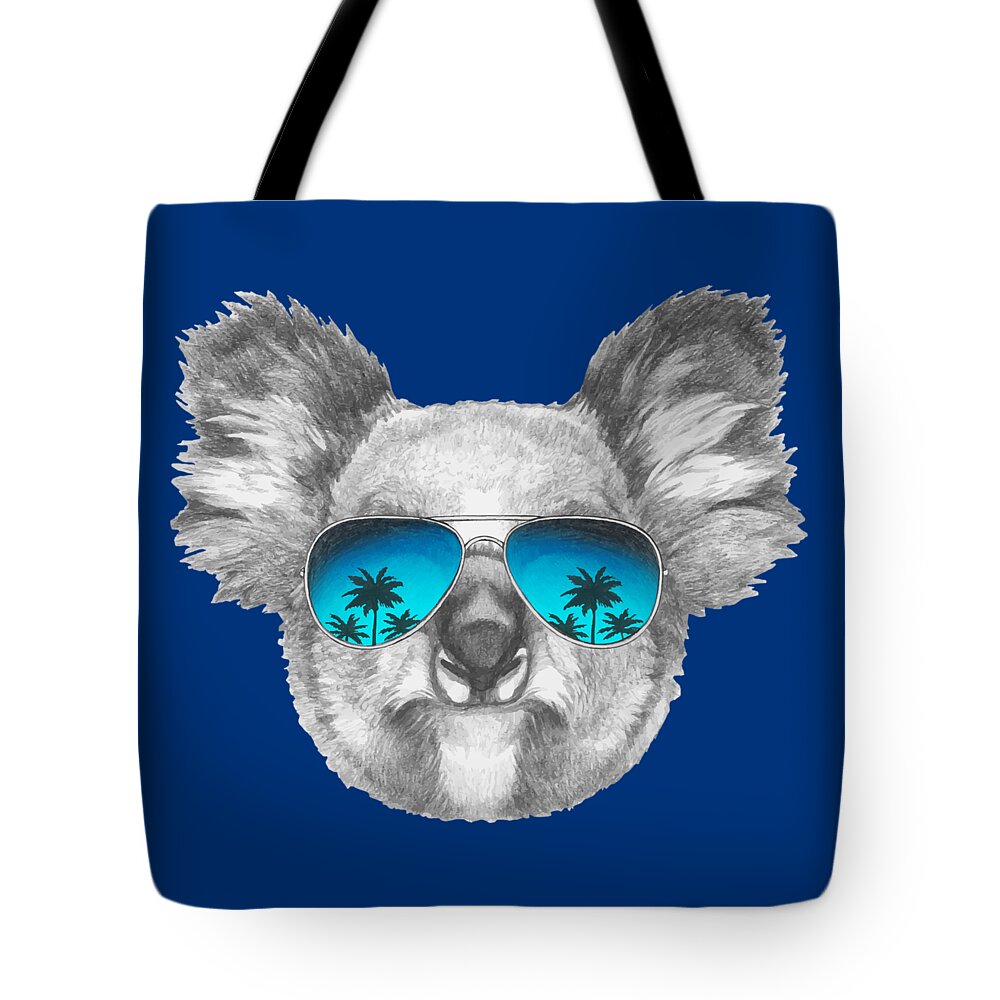 Koala Tote Bag featuring the digital art Koala with mirror sunglasses by Marco Sousa