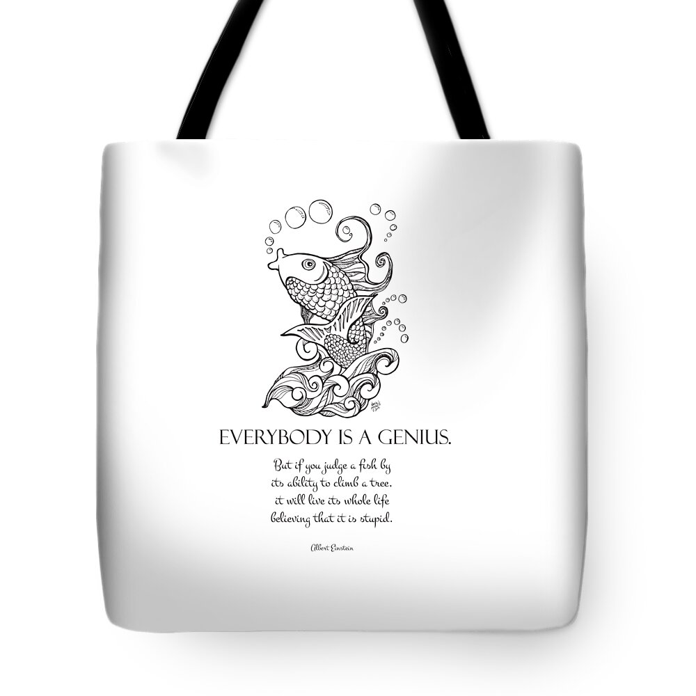 Koi Tote Bag featuring the drawing Koi - Everybody is a Genius BW by Laura Ostrowski