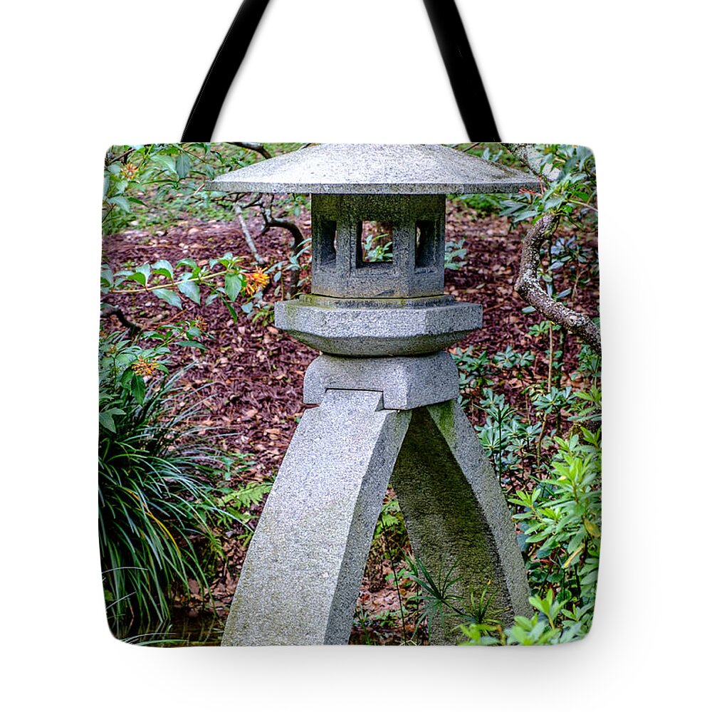 Kotoji Lantern # Japanese Gardens # Tote Bag featuring the photograph Kotoji Lantern by Louis Ferreira