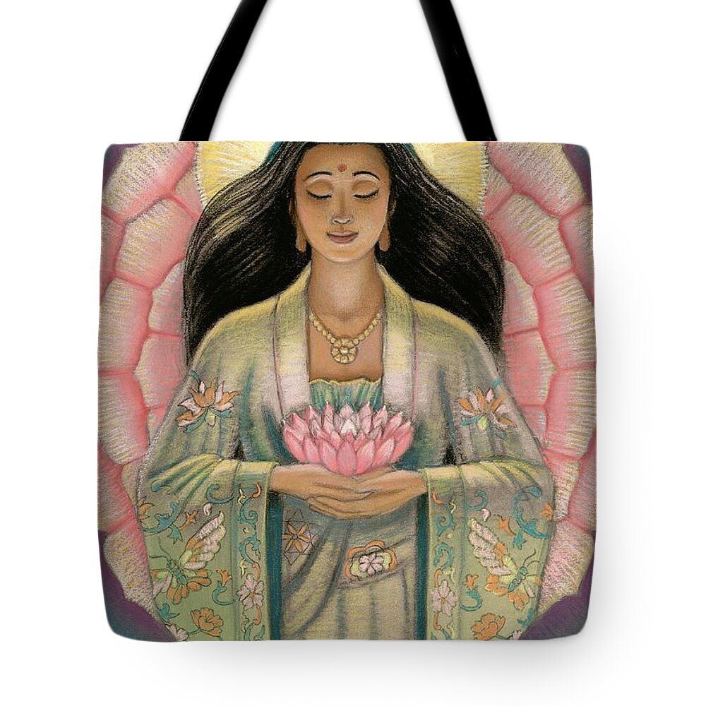 Kuan Yin Tote Bag featuring the painting Kuan Yin Pink Lotus Heart by Sue Halstenberg