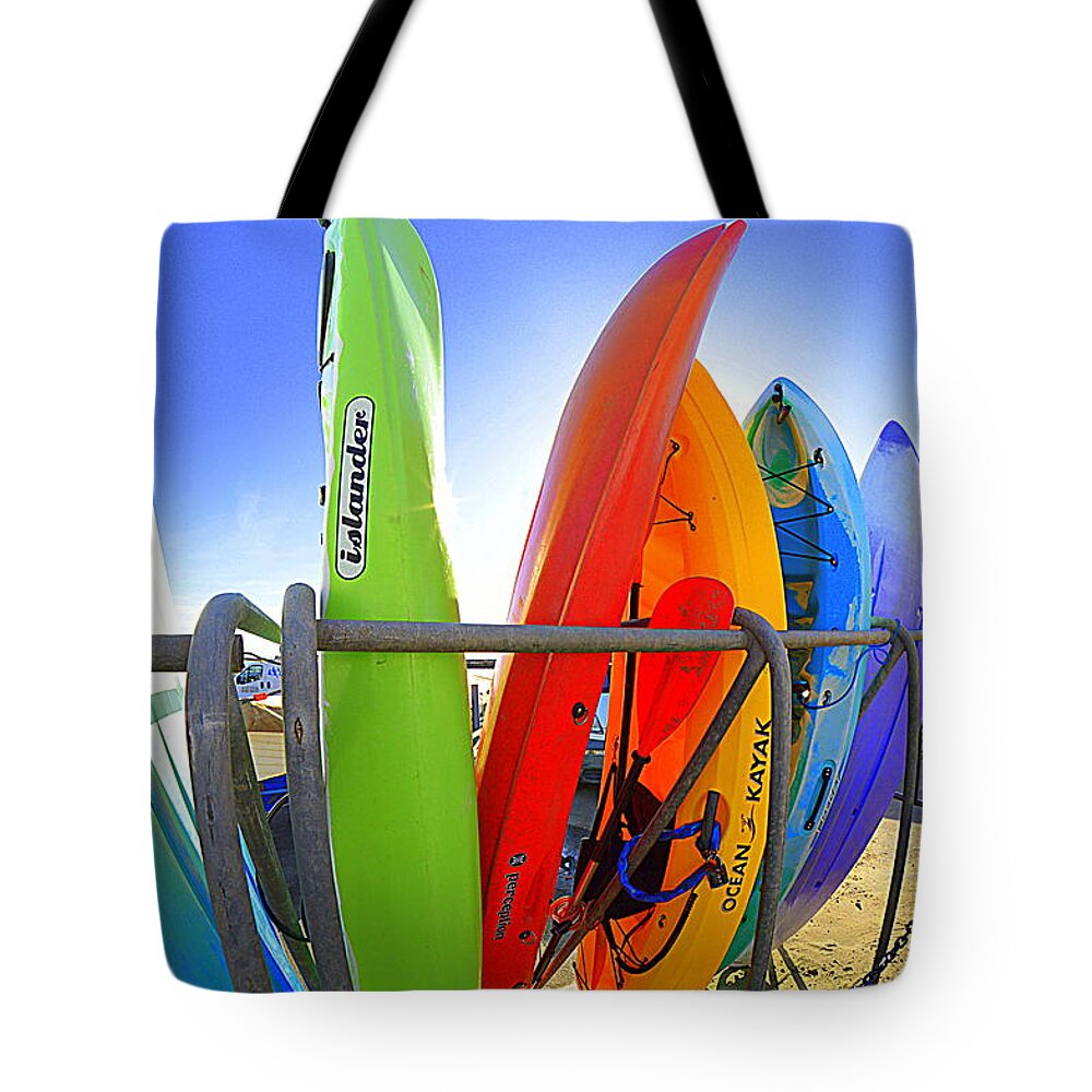 Kayak Tote Bag featuring the photograph Kayaks by Andy Thompson