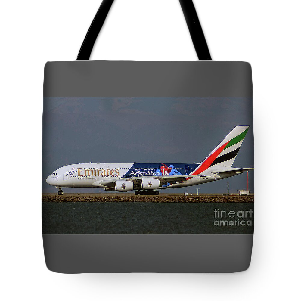 La Dodgers Tote Bag featuring the photograph LA Dodgers A380 ready for take-off at SFO by Wernher Krutein