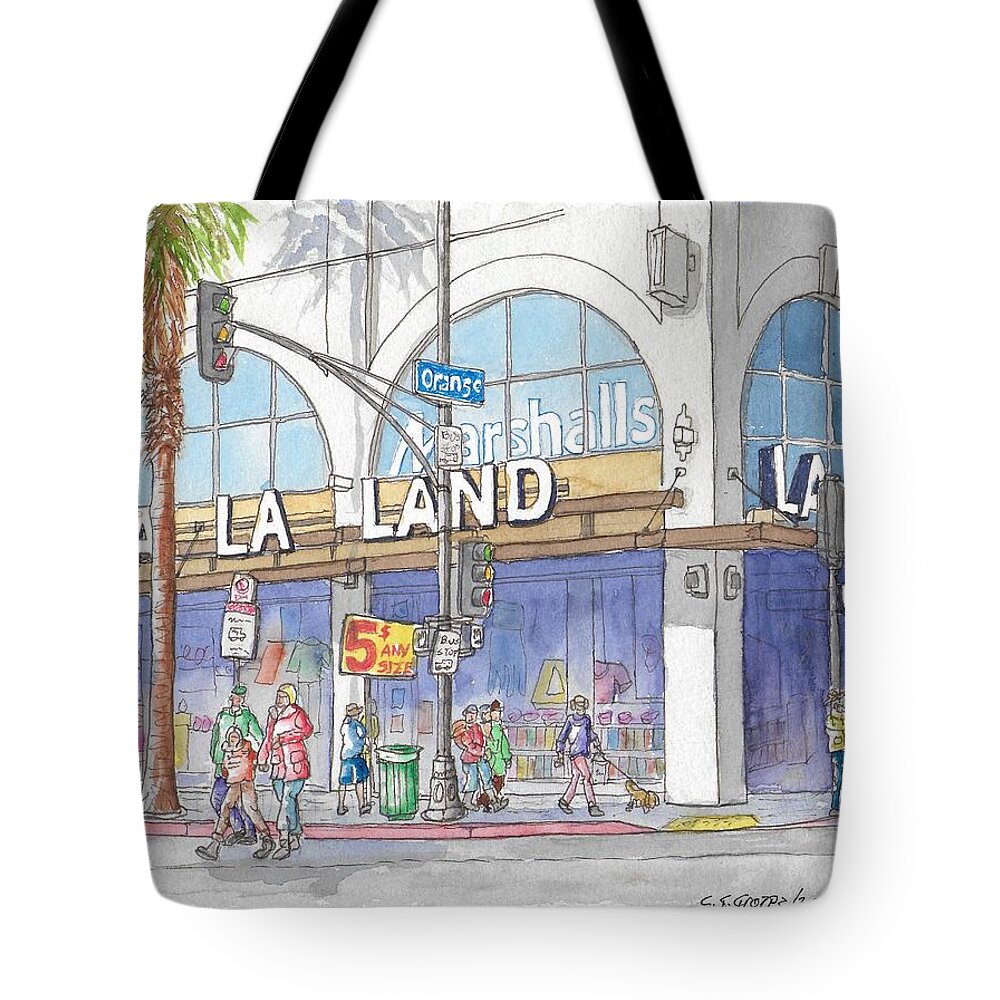 La La Land Tote Bag featuring the painting La La Land and Marshalls Stores in Hollywood Blvd., Hollywood, California by Carlos G Groppa