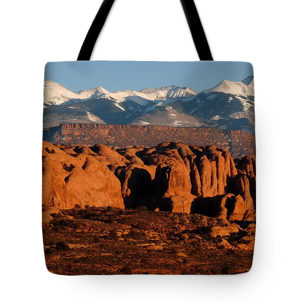 Moab Tote Bag featuring the photograph La Sal Mountains by Tranquil Light Photography