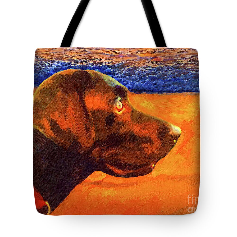Labrador On The Beach At Sunset. Art Of Joseph J. Stevens Tote Bag featuring the painting Lab at Sunset by Joseph J Stevens