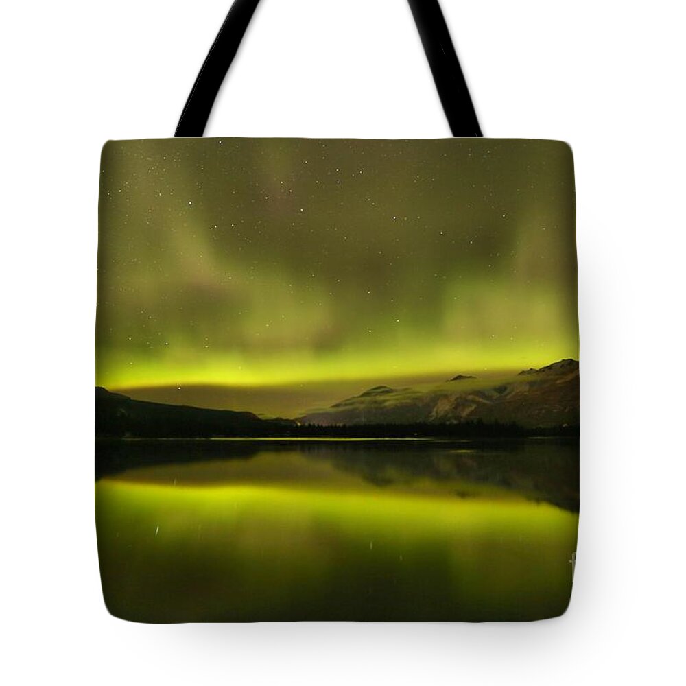 Northern Lights Tote Bag featuring the photograph Lac Edith Northern Light Show by Adam Jewell