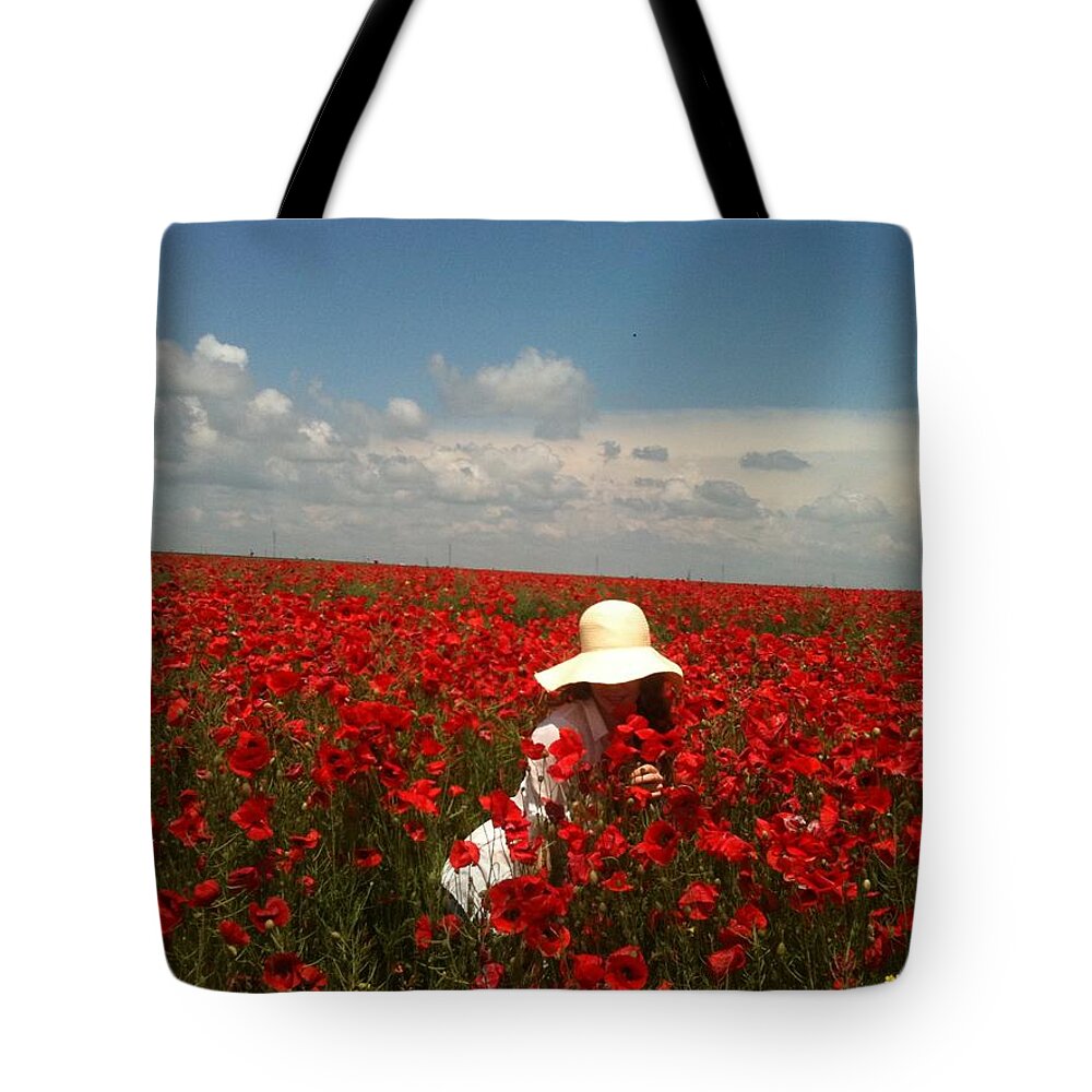 Red Poppies Field Tote Bag featuring the painting Lady and Red Poppies by Georgeta Blanaru