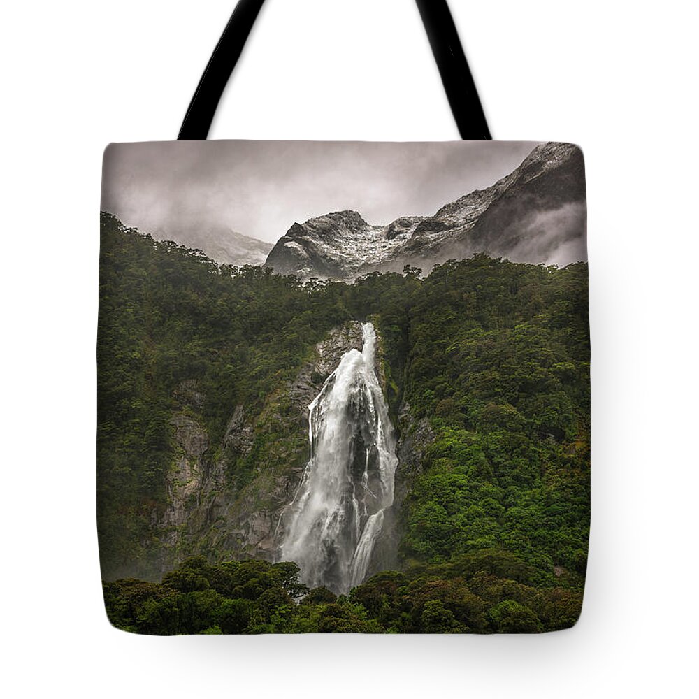 Milford Sound Tote Bag featuring the photograph Lady Bowen Falls by Racheal Christian