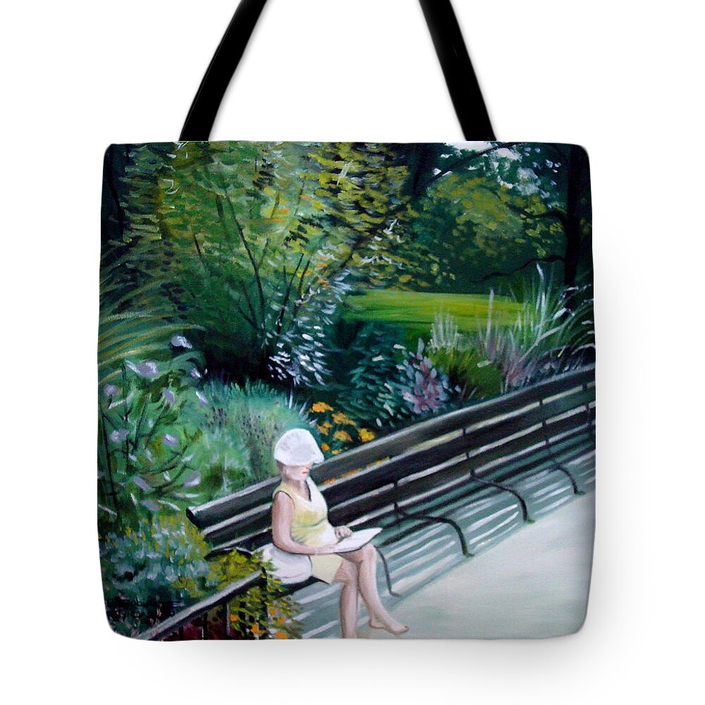 Landscape Tote Bag featuring the painting Lady in Central Park by Elizabeth Robinette Tyndall