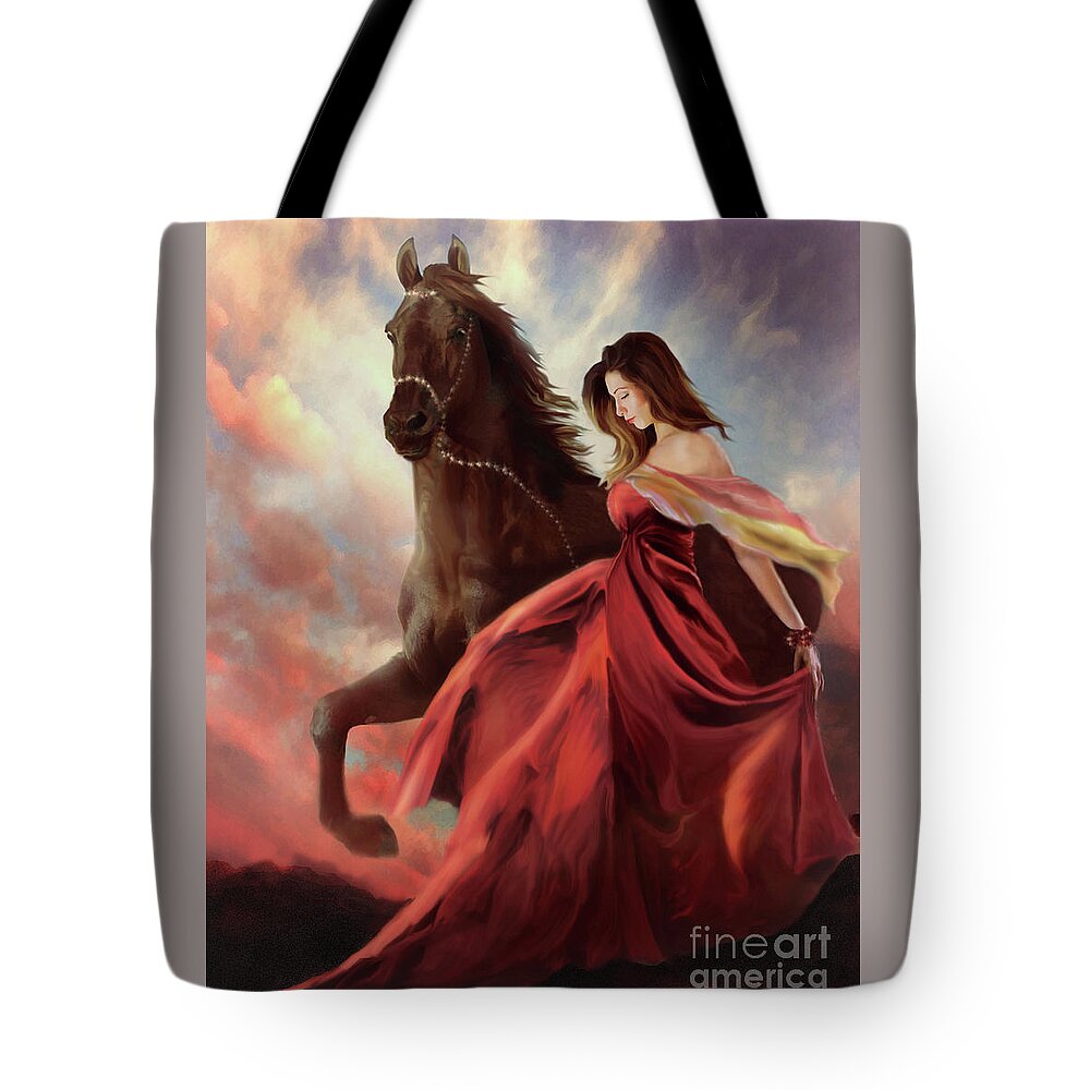 Friesian Tote Bag featuring the digital art Lady in Red by Melinda Hughes-Berland