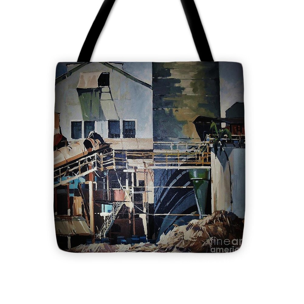 History Of Lahaina Landmark Tote Bag featuring the painting Lahaina Sugar Mill by Andrew Drozdowicz