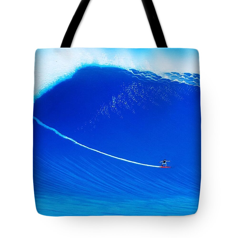 Surfing Tote Bag featuring the painting Jaws Cliff Angle 1-10-2004 by John Kaelin