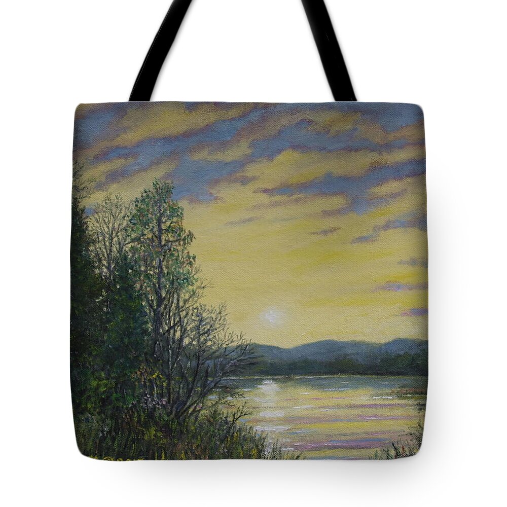 Sunrise Tote Bag featuring the painting Lake Dawn by Kathleen McDermott