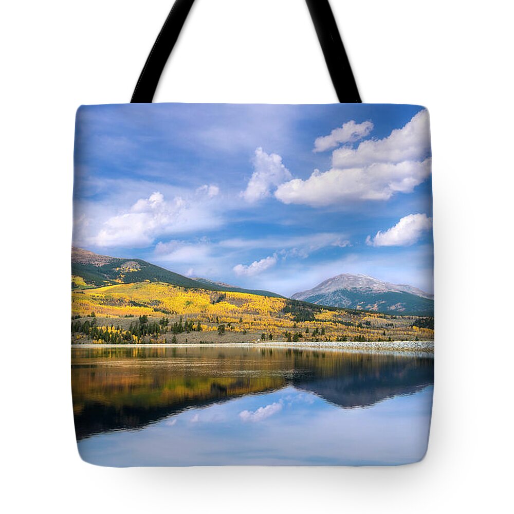 Aspens Tote Bag featuring the photograph Lake Forebay Reflections by Tim Reaves