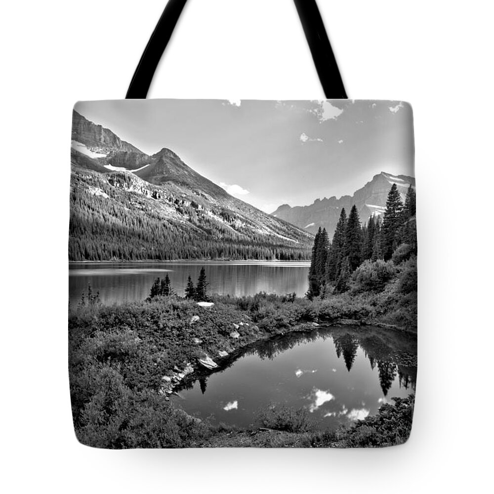 Josephine Tote Bag featuring the photograph Lake Josephine Summer Sunset Black And White by Adam Jewell