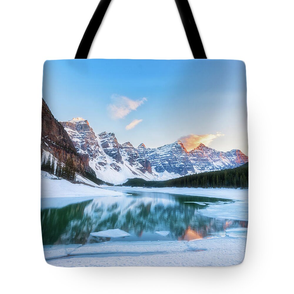 Sunset Tote Bag featuring the photograph Lake Moraine Sunset by Russell Pugh