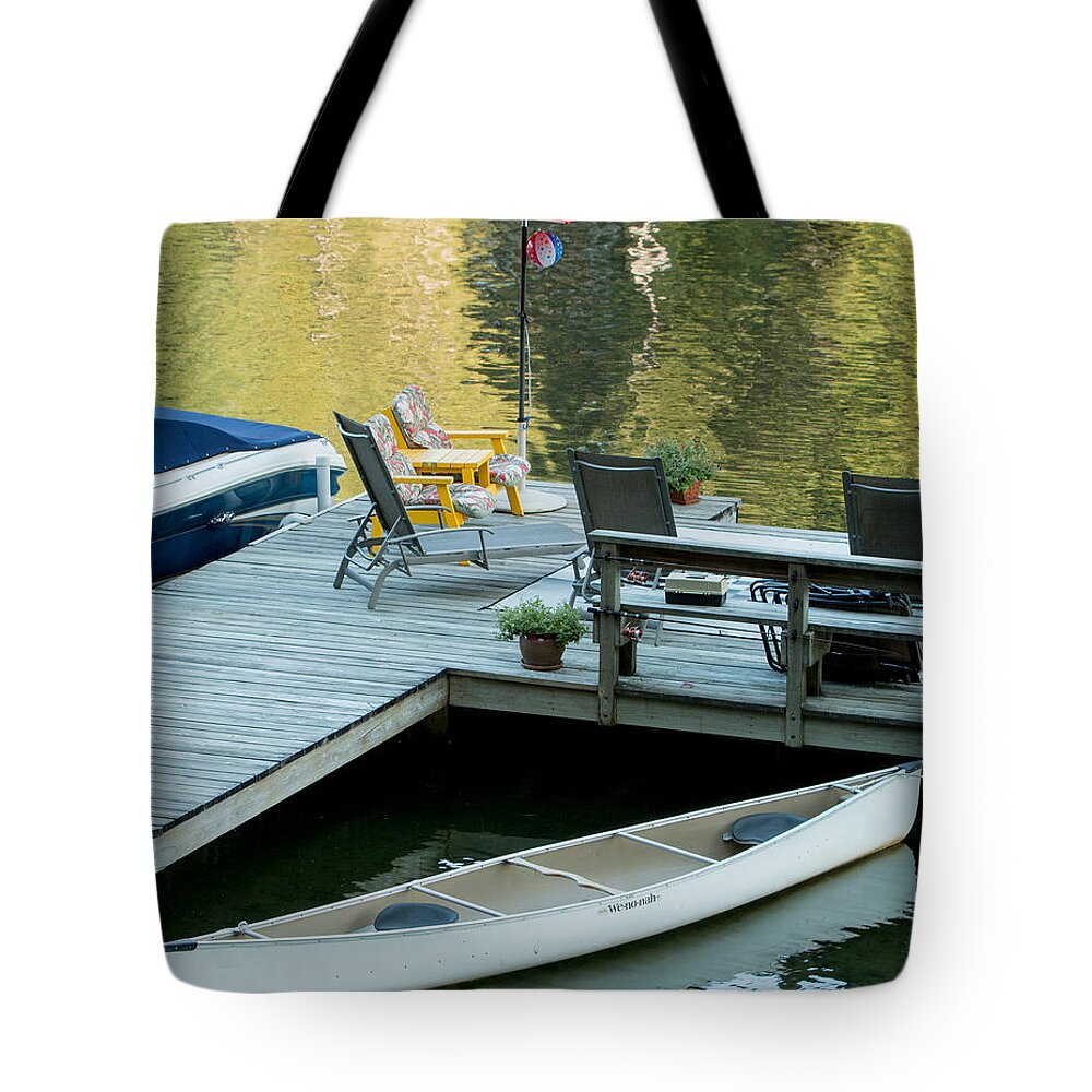 Mason Lake Tote Bag featuring the photograph Lake-side Dock by E Faithe Lester
