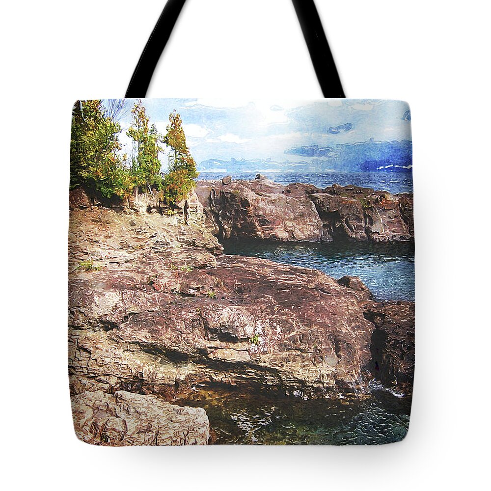 Upper Peninsula Tote Bag featuring the digital art Lake Superior Peninsulas by Phil Perkins