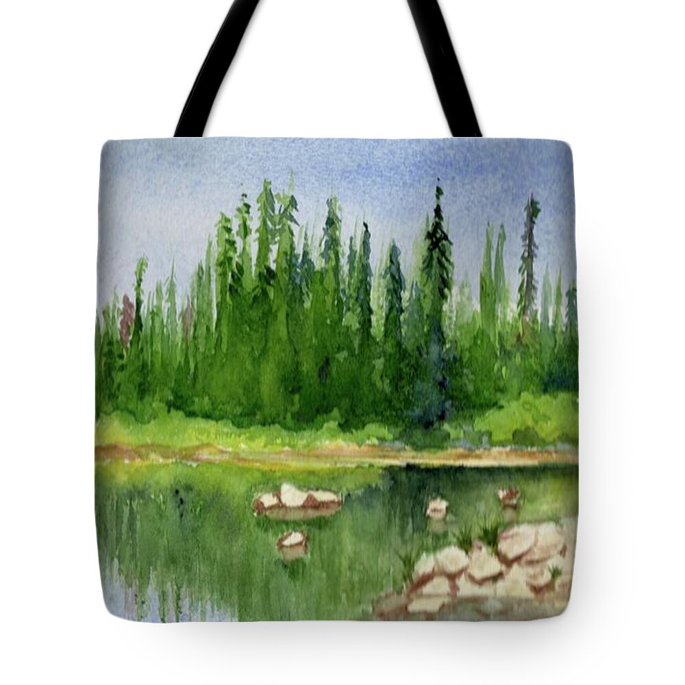 Lake Tote Bag featuring the painting Lake View 1-2 by Yoshiko Mishina