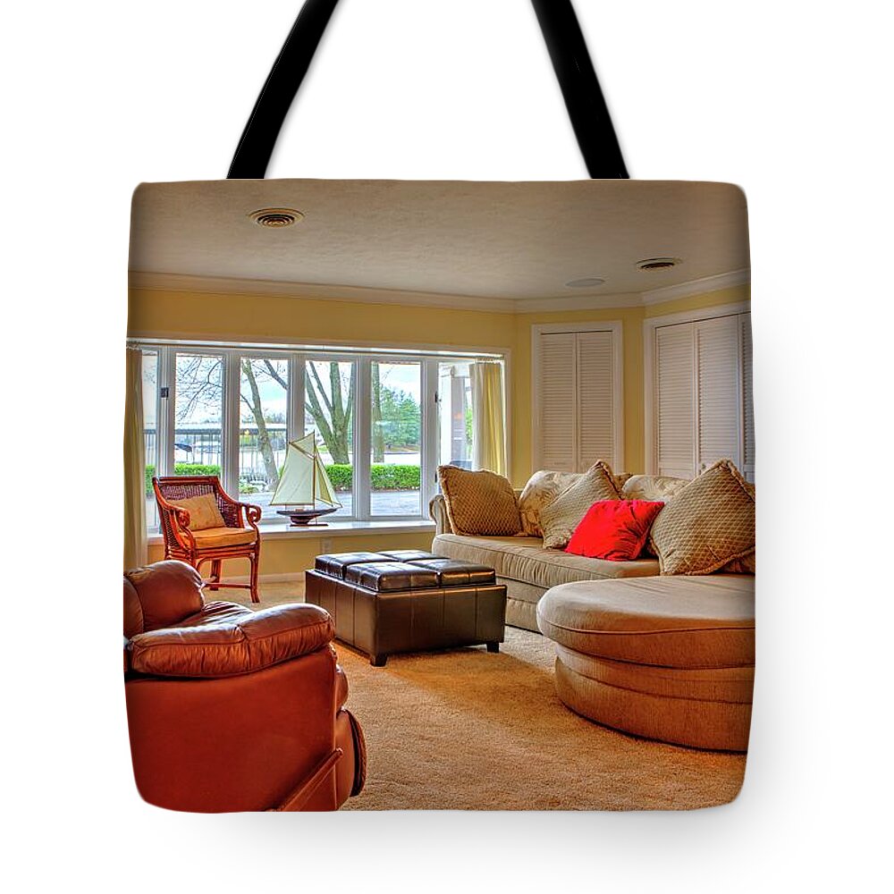 Lakeside Tote Bag featuring the photograph Lakeside family room by Jeff Kurtz
