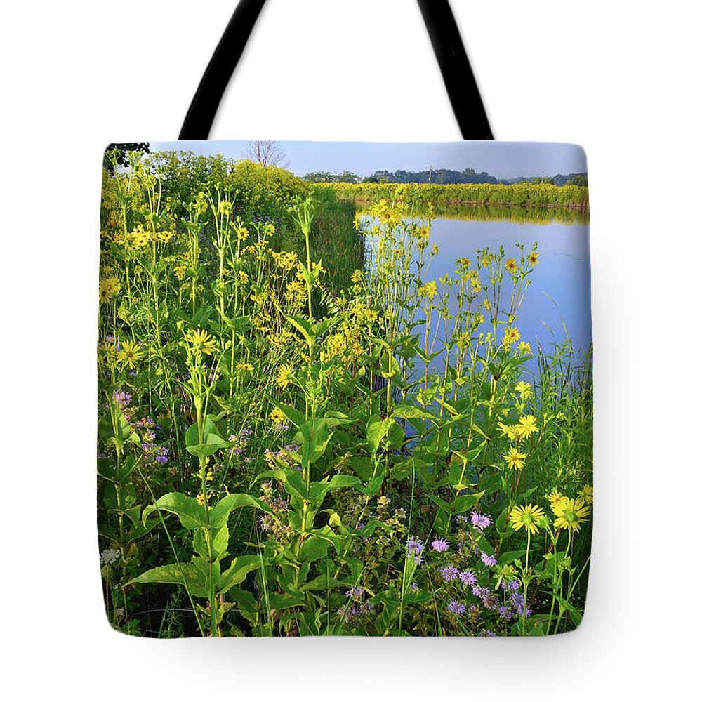 Sunflowers Tote Bag featuring the photograph Lakeside Sunflowers in Lake County by Ray Mathis