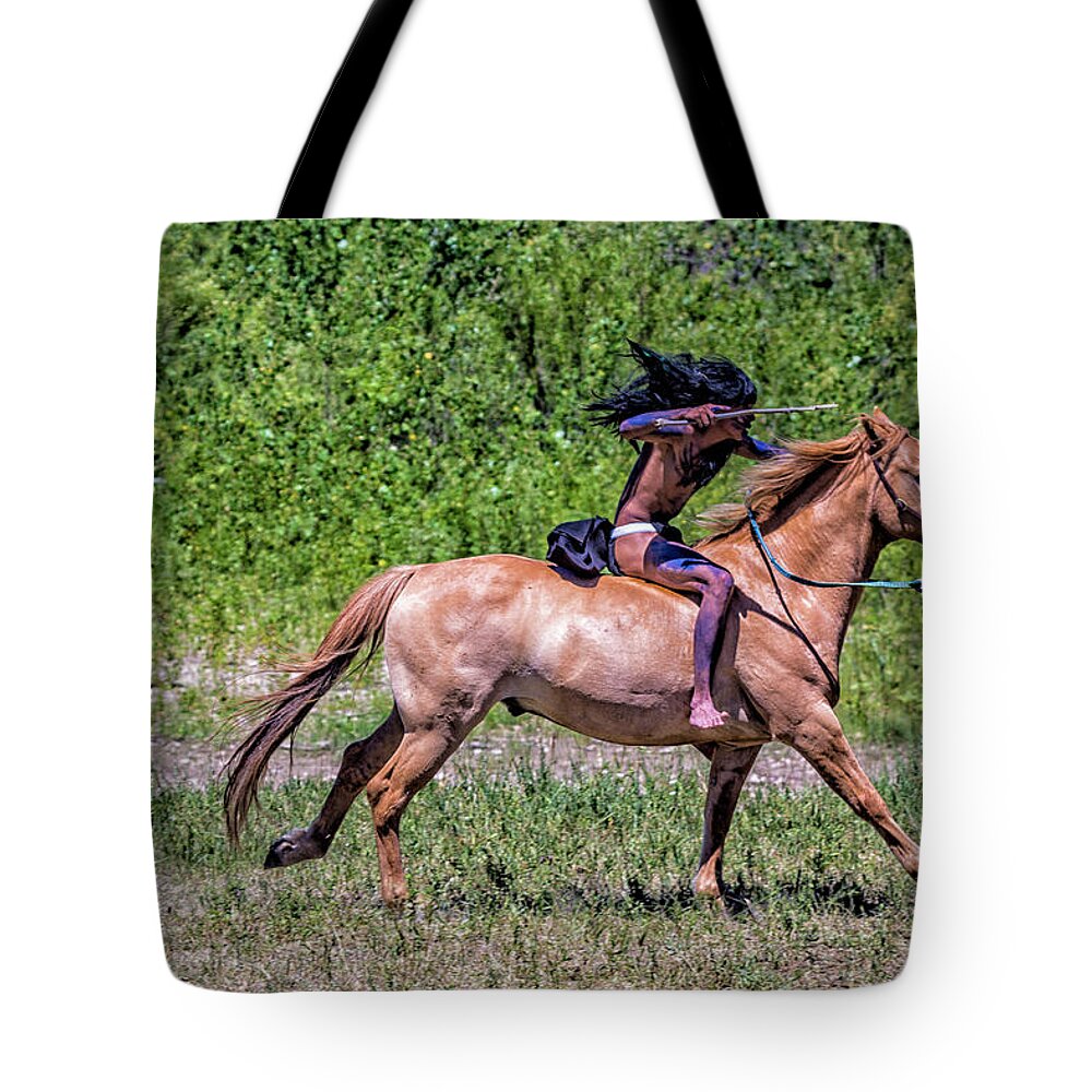 Little Bighorn Re-enactment Tote Bag featuring the photograph Lakota Warrior Riding Bareback by Donald Pash
