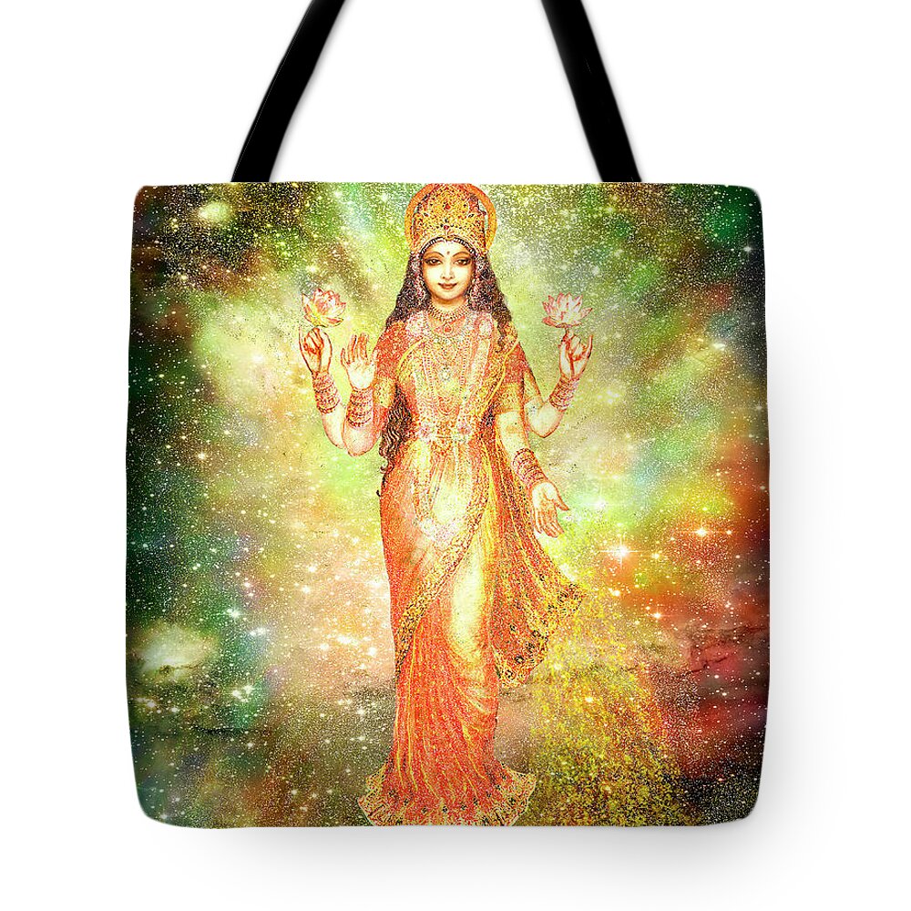 Goddess Painting Tote Bag featuring the mixed media Lakshmi in a Galaxy by Ananda Vdovic